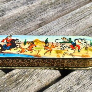 Vintage Persian Hand-Painted Pencil Box – Horse & Gazelle Hunting Scene Case